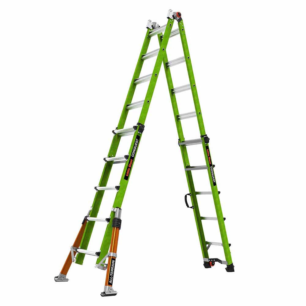 Little Giant 17102-001 CONQUEST ALL-TERRAIN, Model 22 - ANSI Type 1A - 300 lb Rated - Fiberglass Articulated Extendable Ladder with Adjustable Outriggers, Accessory Ports, Carry Handle, V-bar and TIP & GLIDE Wheels - 3