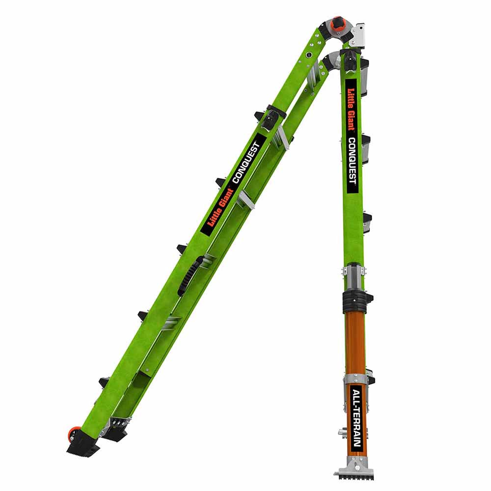 Little Giant 17102-001 CONQUEST ALL-TERRAIN, Model 22 - ANSI Type 1A - 300 lb Rated - Fiberglass Articulated Extendable Ladder with Adjustable Outriggers, Accessory Ports, Carry Handle, V-bar and TIP & GLIDE Wheels - 5