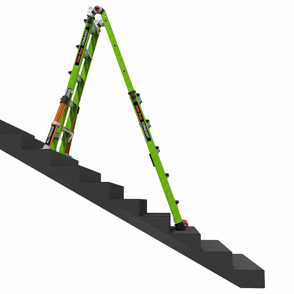 Little Giant 17102-001 CONQUEST ALL-TERRAIN, Model 22 - ANSI Type 1A - 300 lb Rated - Fiberglass Articulated Extendable Ladder with Adjustable Outriggers, Accessory Ports, Carry Handle, V-bar and TIP & GLIDE Wheels - 17