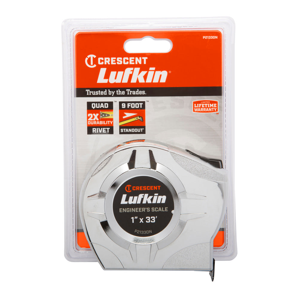 Crescent Lufkin P2133DN 1" x 33' Chrome Case Yellow Clad A4 Blade Power Return Engineer's Tape Measure - 2