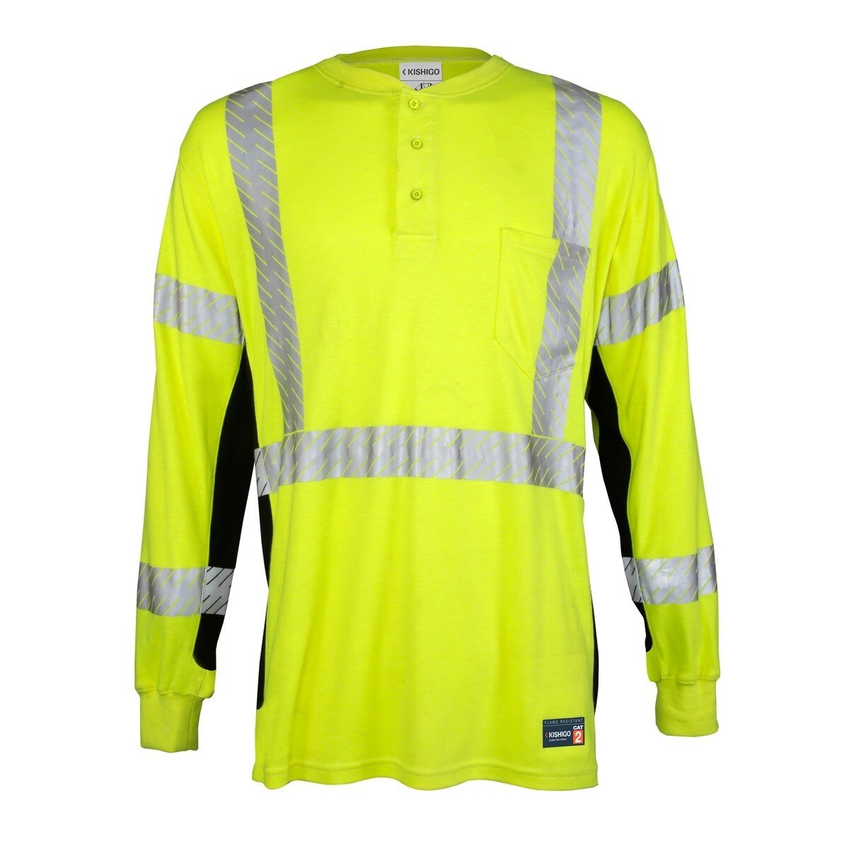 ML Kishigo F694-2XT FR Long Sleeve Henley T Shirt with 2" Reflective Tape Lime 2XT (Each)