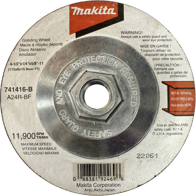 Makita 741416-B-10 4?1/2" x 5/8"?11 x 1/4" Hubbed Grinding Wheel 24 Grit, 10/pk