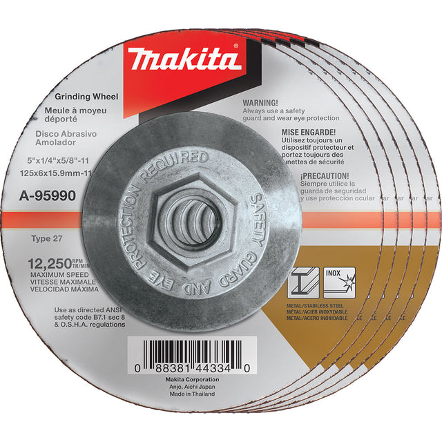 Makita A-95990-5 5" x 1/4" x 5/8-11" Hubbed INOX Grinding Wheel, 5/pk