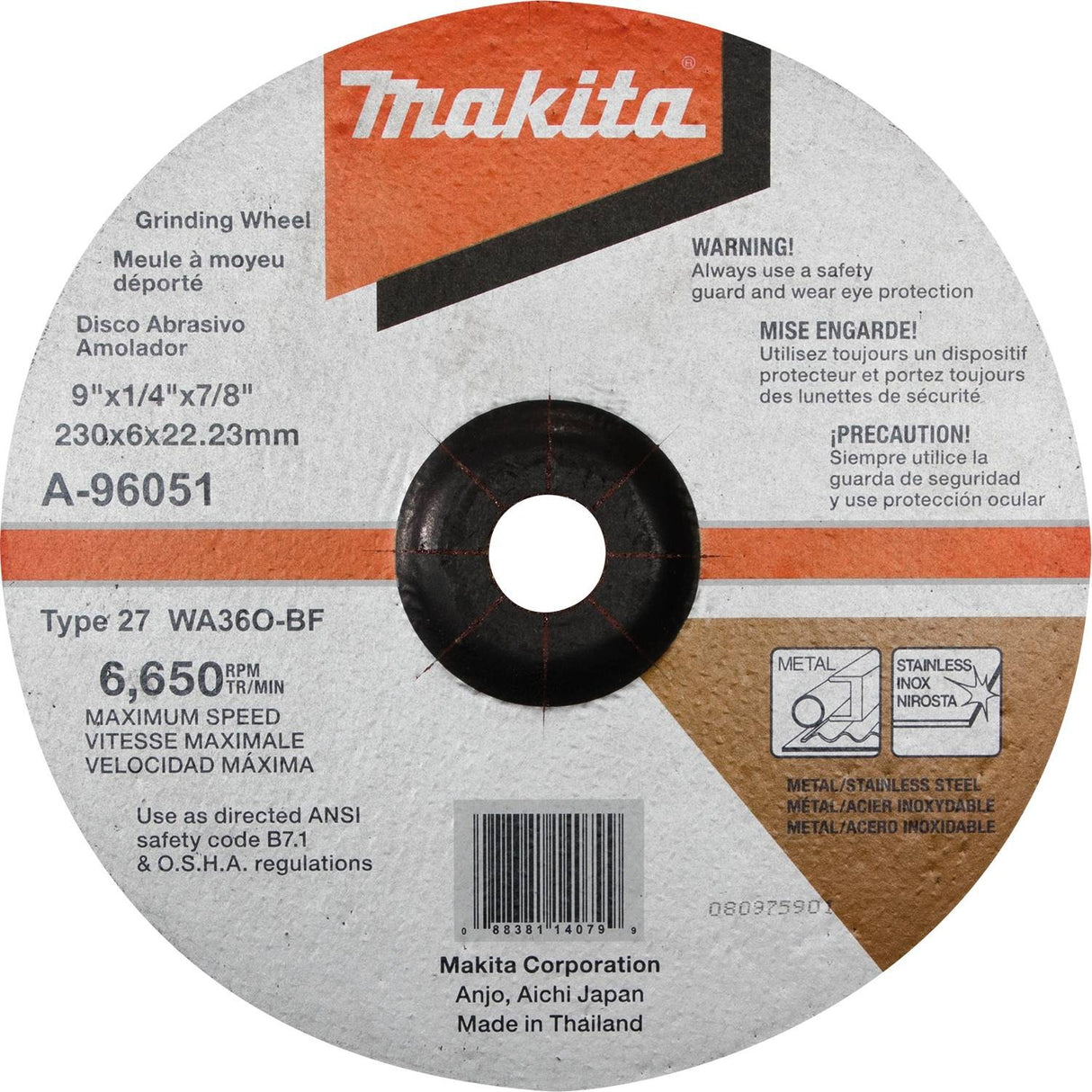 Makita A-96051 9" x 1/4" x 7/8" INOX Grinding Wheel, 36 Grit