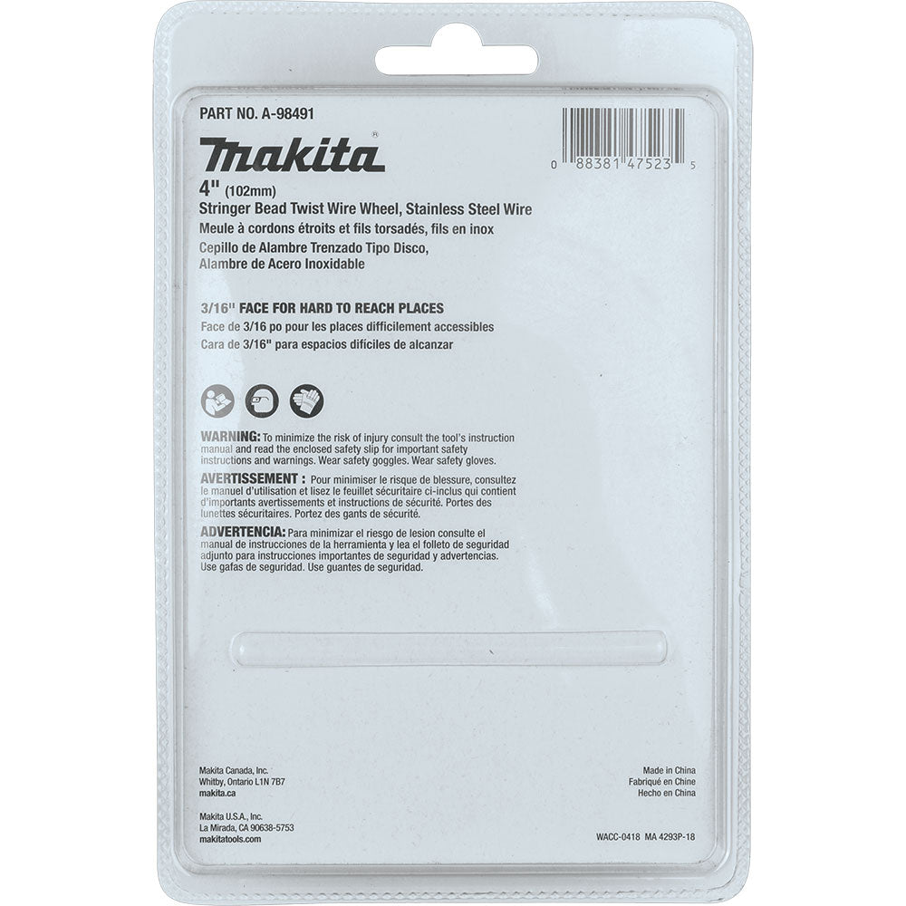 Makita A-98491 4" Stringer Bead Twist Wire Wheel, Stainless, 5/8"-11 - 4