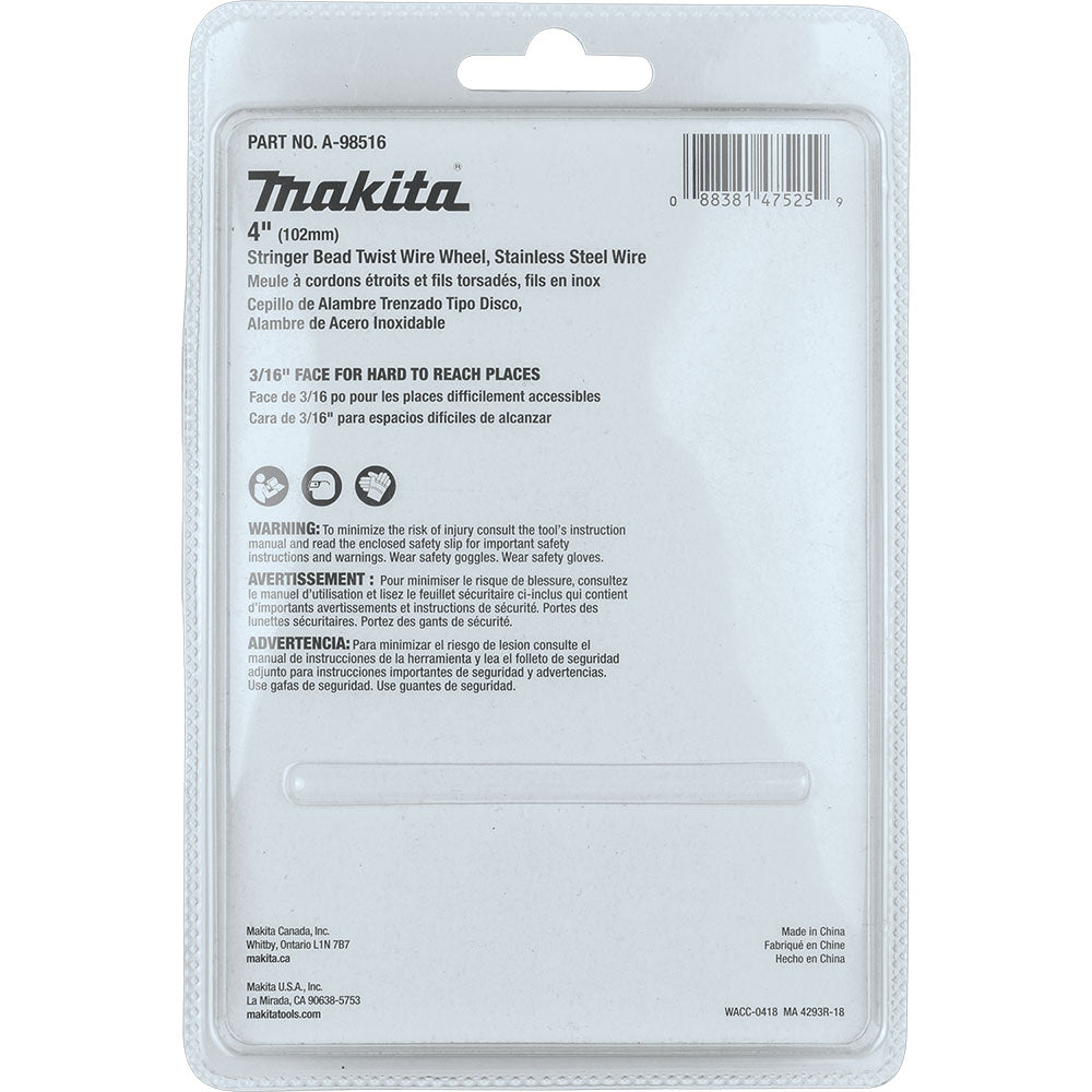 Makita A-98516 4" Stringer Bead Twist Wire Wheel, Stainless, M10 x 1.25 - 4