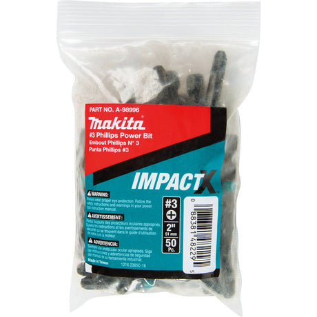 Makita A-98996 ImpactX  #3 Phillips 2" Power Bit, 50/pk, Bulk