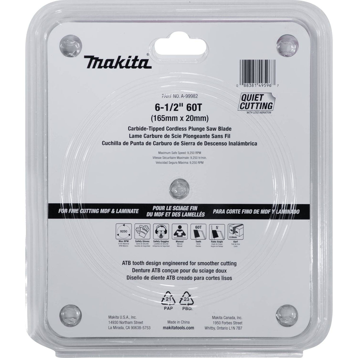 Makita A-99982 6-1/2" 60T (ATB) Carbide-Tipped Cordless Plunge Saw Blade - 3