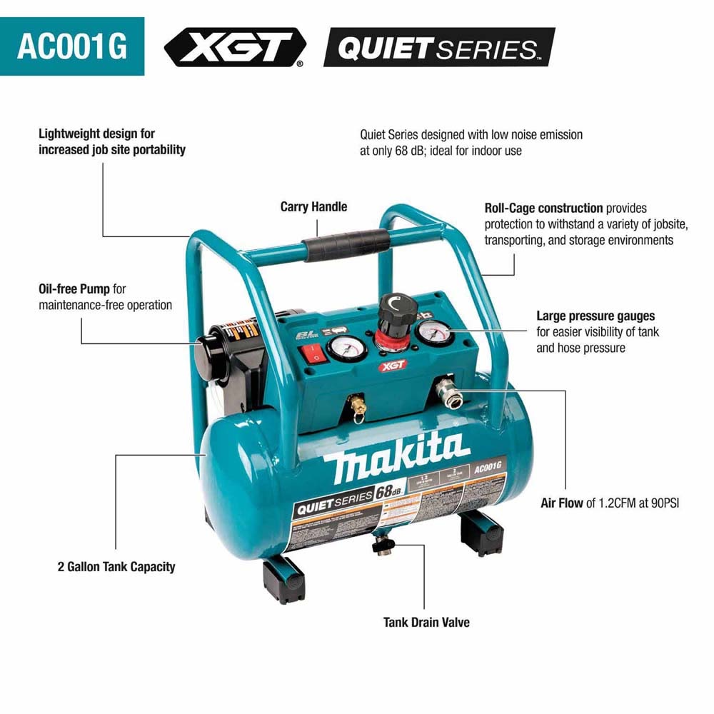 Makita AC001GM1 40V max XGT Brushless Cordless 2 Gallon Quiet Series Compressor Kit (4.0Ah) - 2