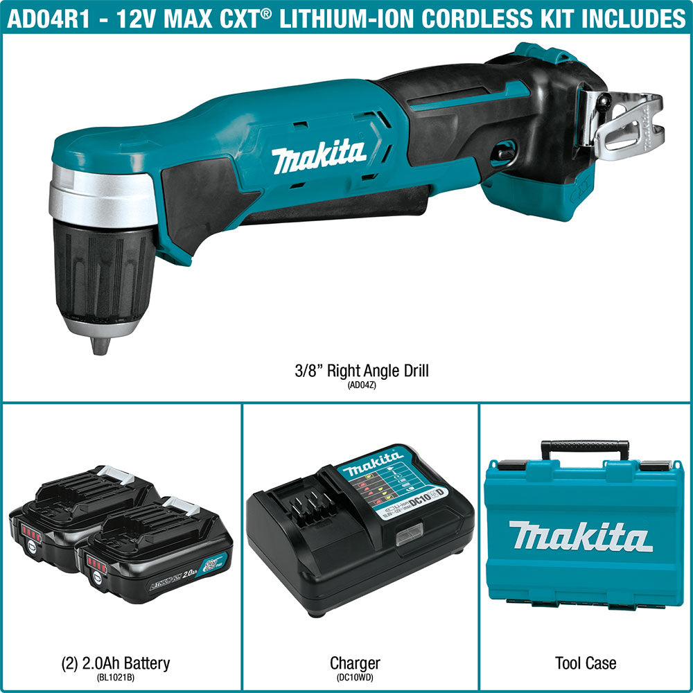 Makita AD04R1 12V max CXT Lithium-Ion Cordless 3/8" Right Angle Drill Kit - 2