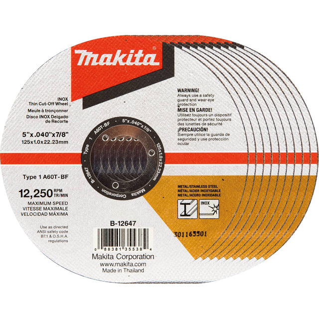 Makita B-12647-10 5" x .040" x 7/8" Thin INOX Cut-Off Wheel 10 Pack