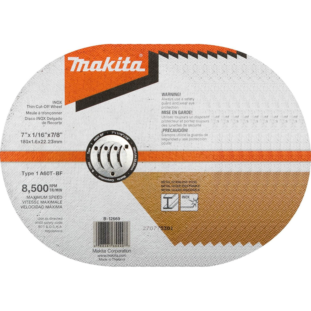 Makita B-12669-10 7" x 1/16" x 7/8" INOX Thin Cut-Off Wheel, 60 Grit, 10 Pack