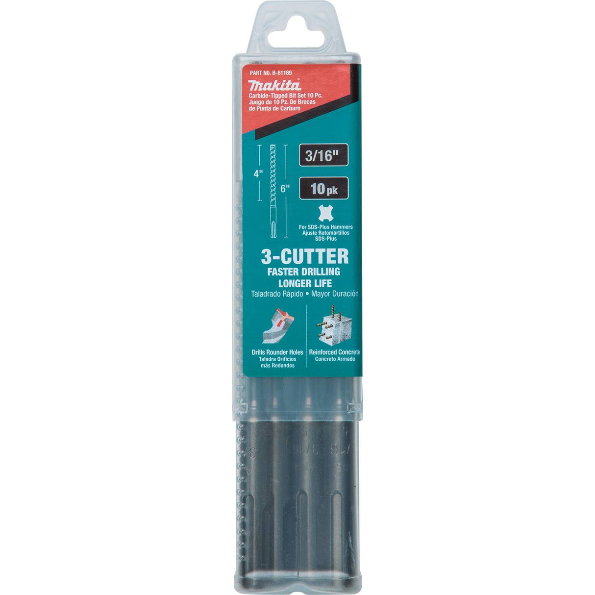 Makita B-61189 3/16" x 6" SDS-Plus Bit, 3-Cutter, 10 Pack - 2