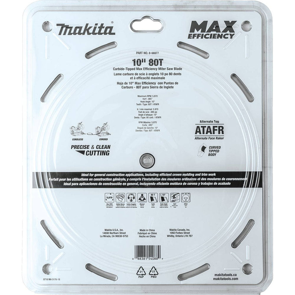 Makita B-66977 10" 80T Carbide-Tipped Max Efficiency Miter Saw Blade - 10