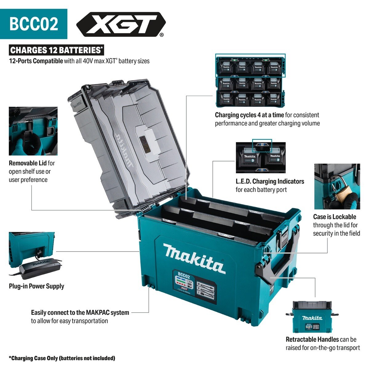 Makita BCC02 40V max XGT 12 Port Charging Case Packaged 18.23 in. W x 13.9 in. D x 14.92 in. H - 2