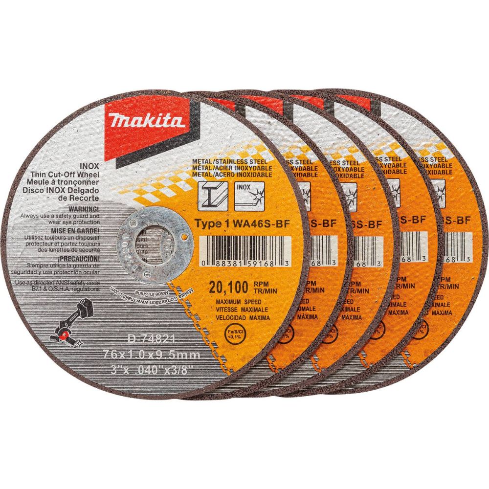 Makita D-74821-5 3" x .040" x 3/8" Type 1 General Purpose 46 Grit Thin Cut-Off Wheel for Metal and Stainless Steel Cutting, 5-Pack