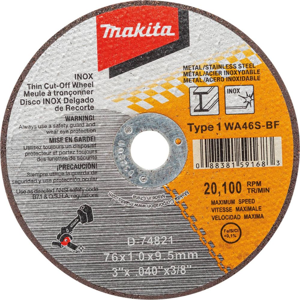 Makita D-74821-5 3" x .040" x 3/8" Type 1 General Purpose 46 Grit Thin Cut-Off Wheel for Metal and Stainless Steel Cutting, 5-Pack - 2