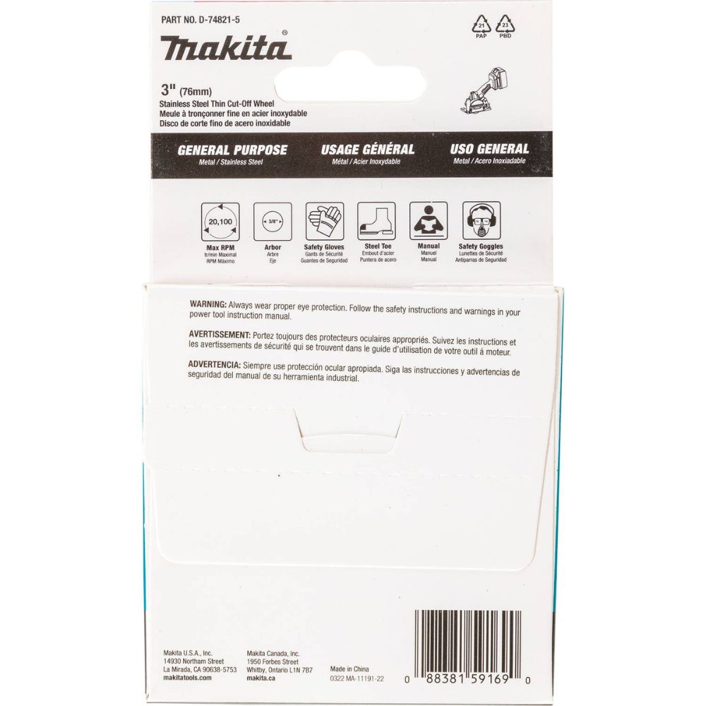 Makita D-74821-5 3" x .040" x 3/8" Type 1 General Purpose 46 Grit Thin Cut-Off Wheel for Metal and Stainless Steel Cutting, 5-Pack - 4