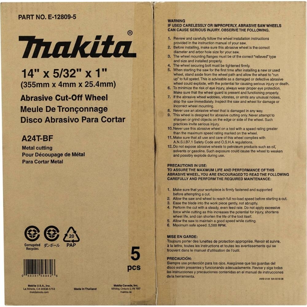Makita E-12809-5 14" x 5/32" x 1" Abrasive Cut Off Wheel, 5/pk - 4