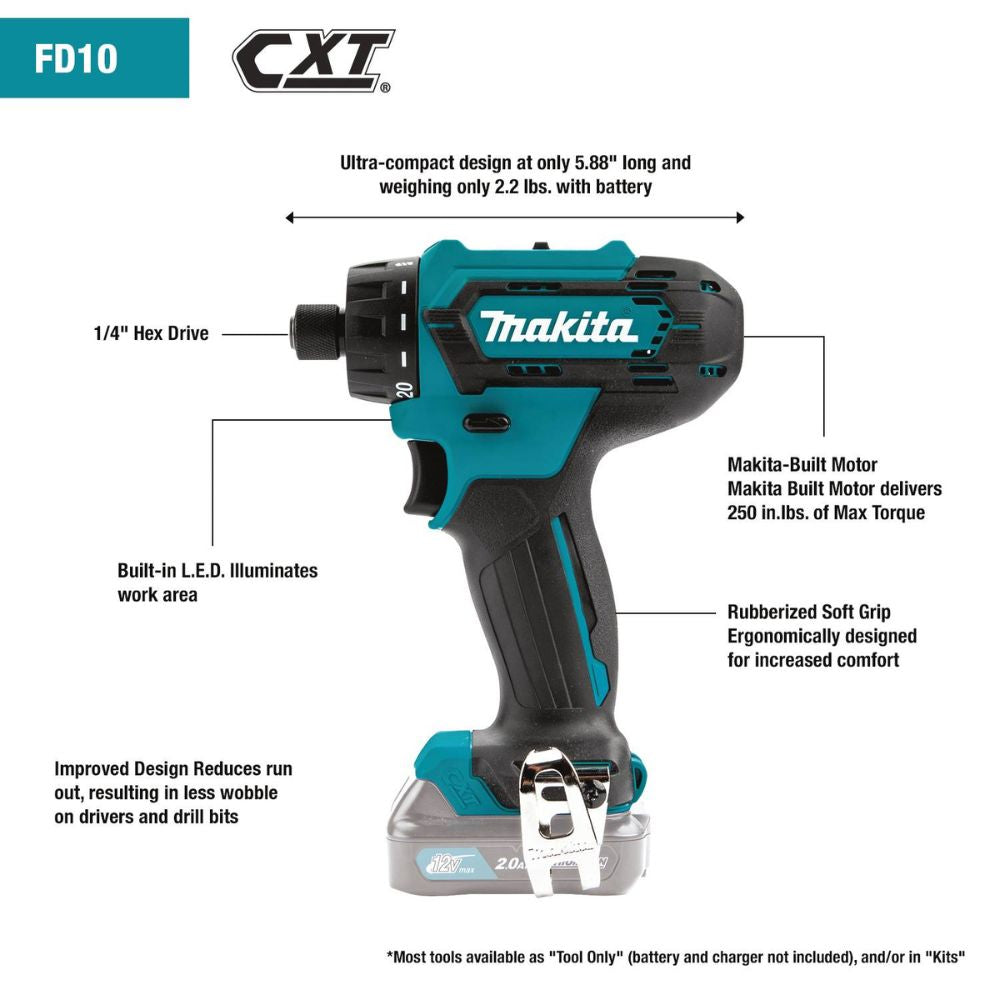 Makita FD10R1 12V Max CXT Lithium-Ion 1/4 In. Hex Driver-Drill Kit(2.0Ah) - 2