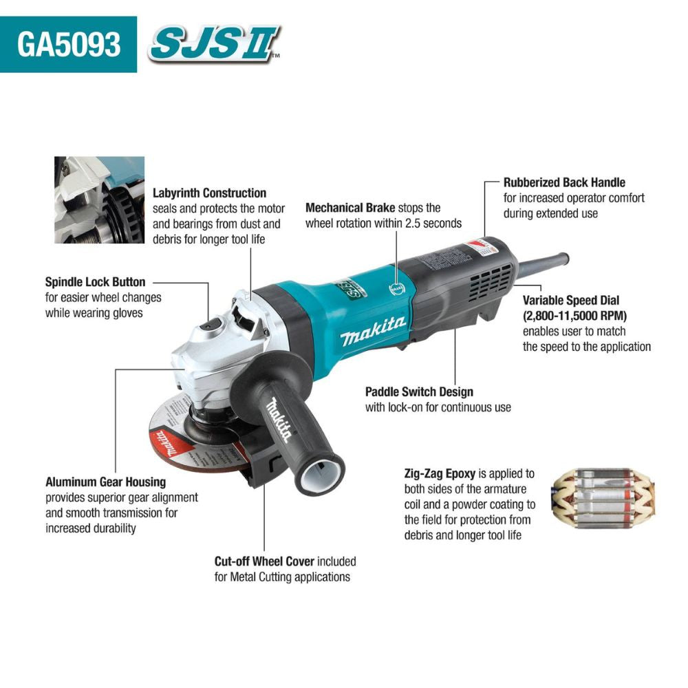 Makita GA5093 5" SJS II High-Power Angle Grinder, Paddle Switch, w/Brake - 2