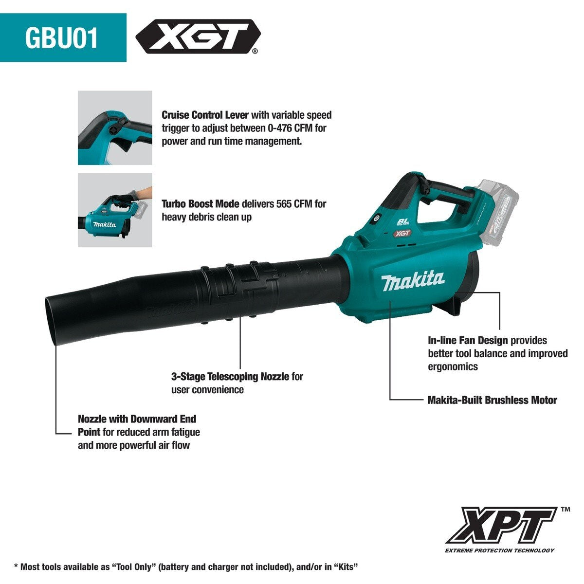 Makita GBU01T 40V Max XGT Brushless Cordless Blower Kit 565 CFM 143 MPH (2 5.0Ah Batteries, Charger) - 3