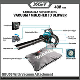Makita GBU03ZV 40V max XGT Brushless Blower with Vacuum Attachment Tool Only - 2