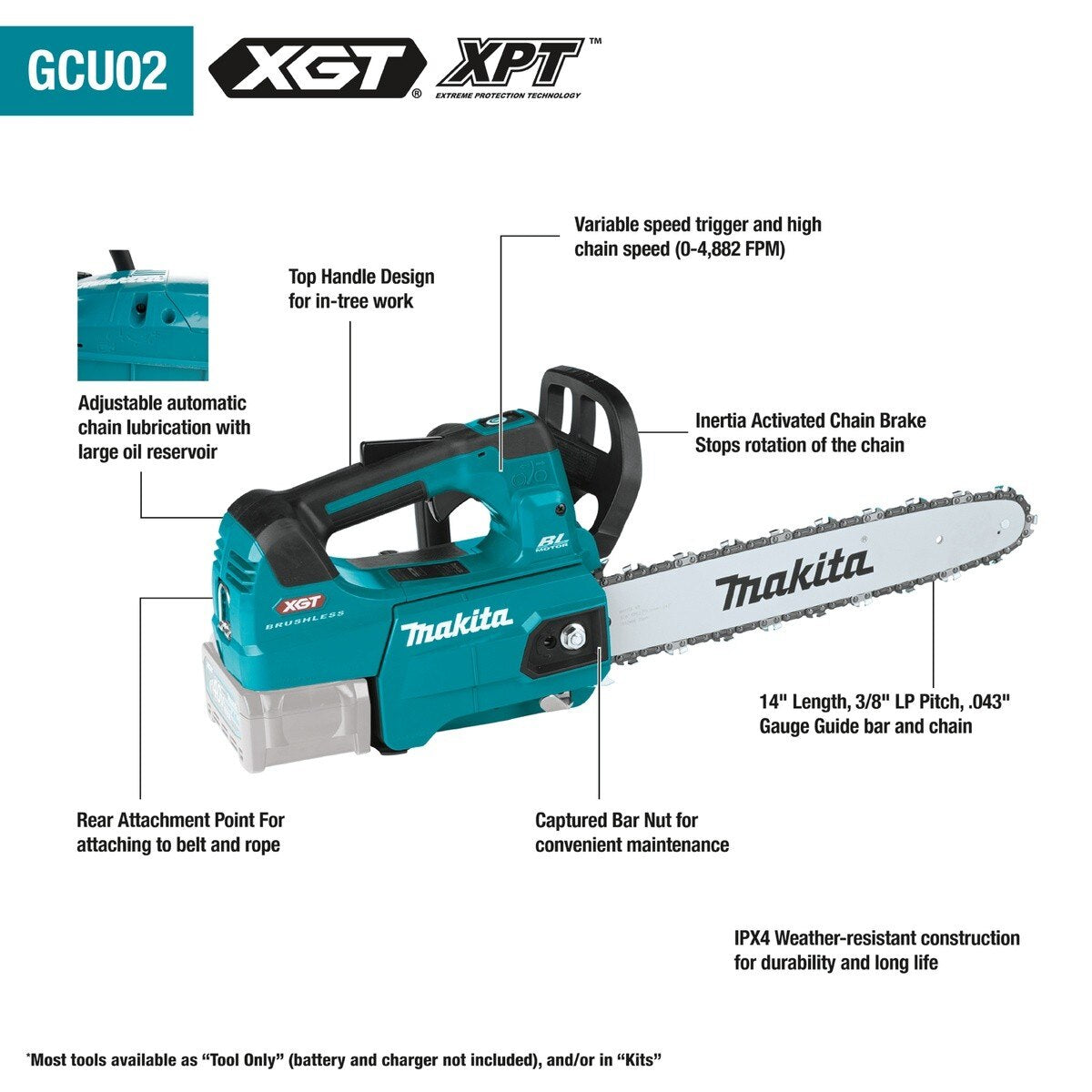 Makita GCU02T 40V Max XGT Brushless Cordless 14 Inch Top Handle Chain Saw Kit (2 5.0Ah Batteries) - 2