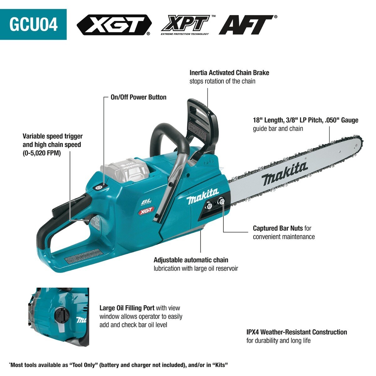Makita GCU04T 40V Max XGT Brushless Cordless 18 in Chain Saw Kit (2 5.0Ah Batteries and Charger) - 2