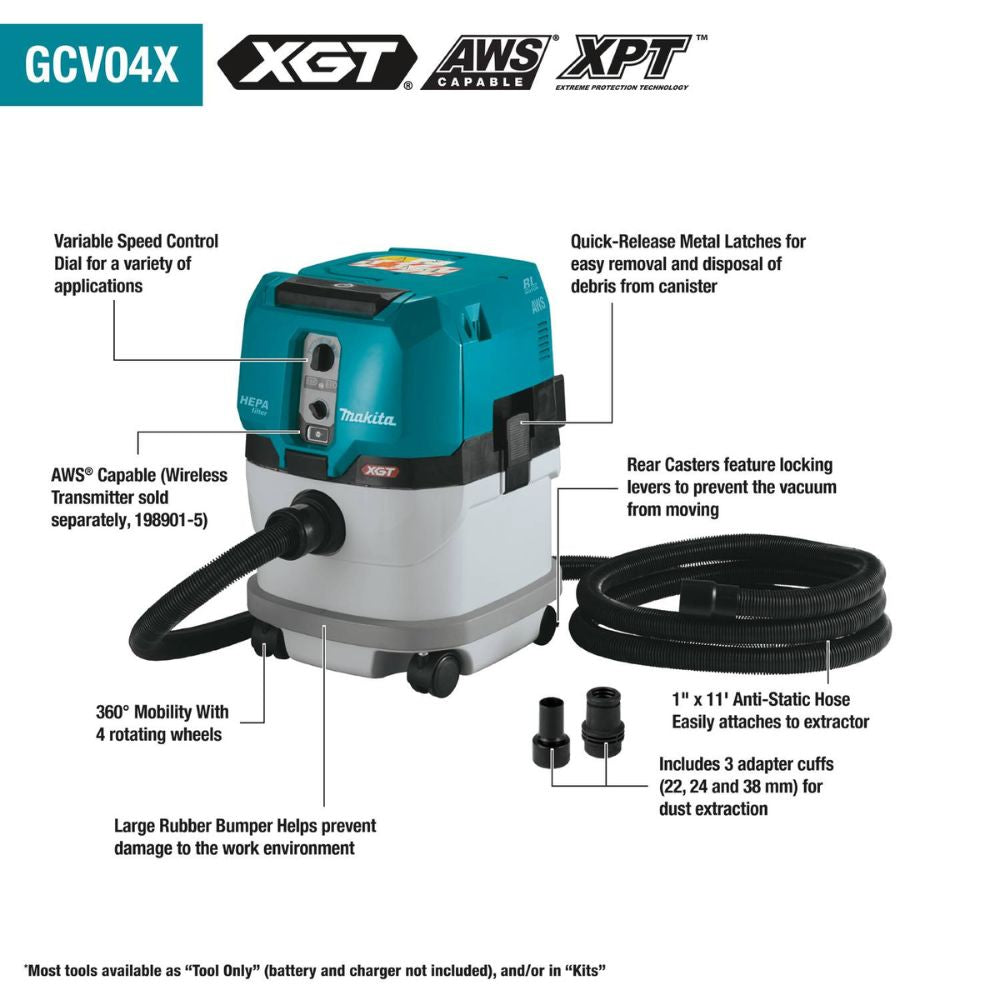 Makita GCV04PMX 40V max XGT Brushless Cordless 4 Gallon HEPA Filter Dry Dust Extractor Kit, AWS Capable (4.0Ah) - 2