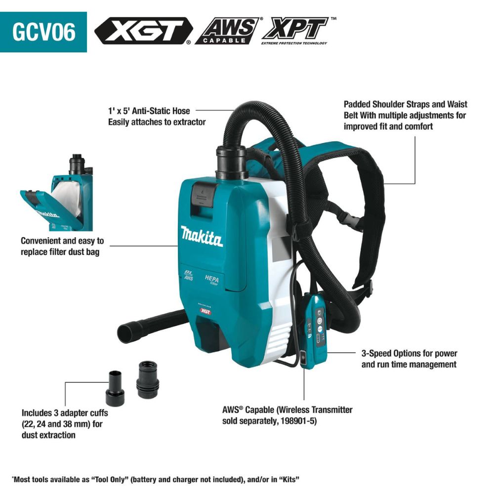 Makita GCV06T1 40V max XGT Brushless Cordless 1/2 Gallon HEPA Filter Backpack Dry Dust Extractor Kit, AWS Capable, with one battery (5.0Ah) - 2