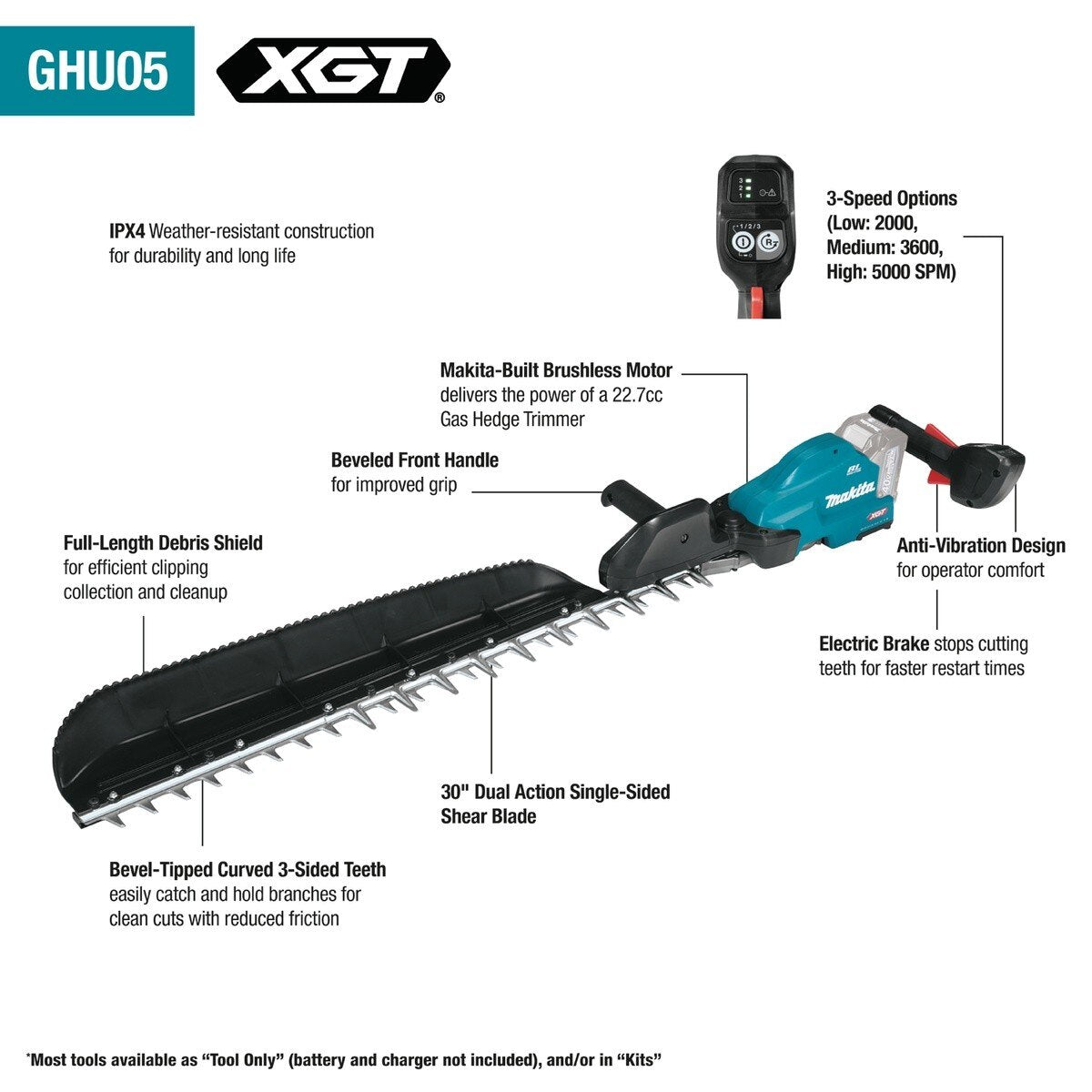 Makita GHU05T 40V Max XGT Brushless Cordless 30 in. Single-Sided Hedge Trimmer Kit (2 5.0Ah Batteries, Rapid Charger) - 2