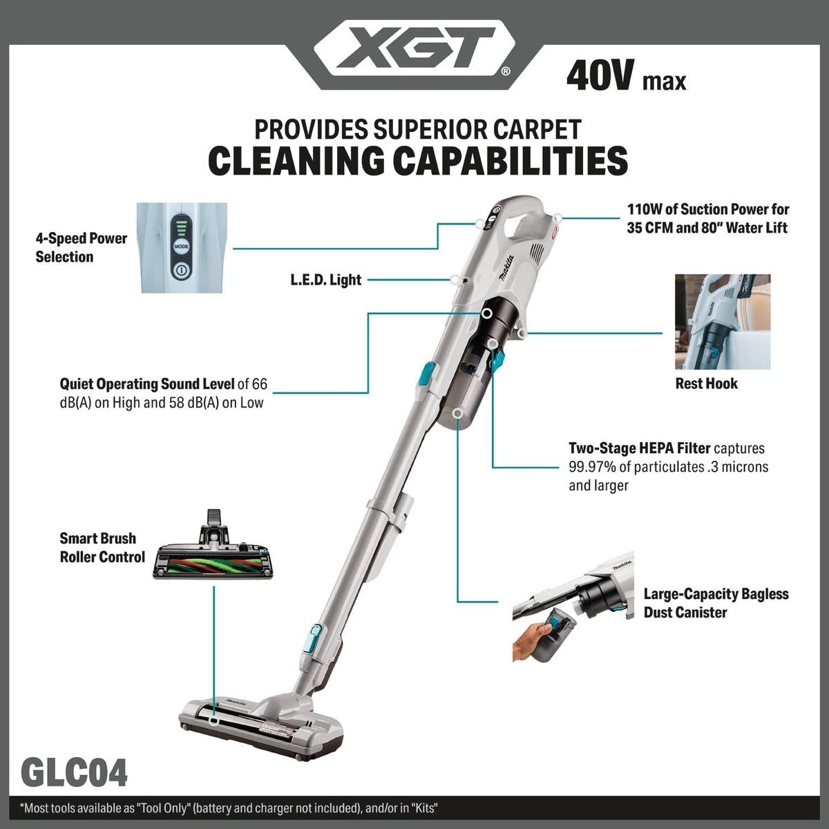 Makita GLC04Z 40V Max XGT Brushless Cordless Cyclonic Stick Vacuum with Power Brush Head (Tool Only) - 2