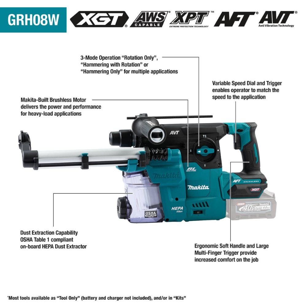 Makita GRH08M1W 40V max XGT Brushless Cordless 1-3/16" AVT Rotary Hammer Kit w/Dust Extractor, accepts SDS-PLUS bits, AFT, AWS Capable (4.0Ah) - 2