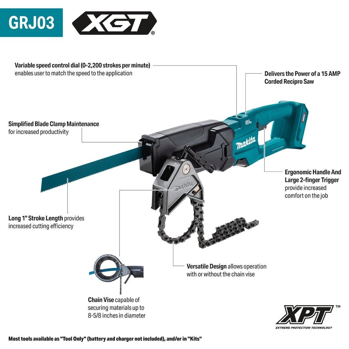Makita GRJ03Z 40V Max XGT Brushless Cordless Recipro Pipe Saw with Chain Vise 8-5/8 in Pipe Capacity Tool Only - 2