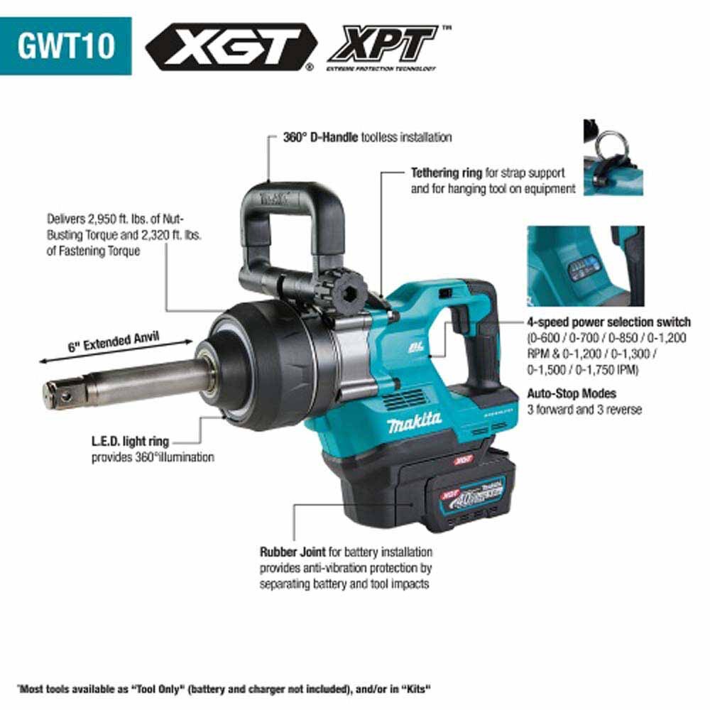 Makita GWT10Z 40V max XGT Brushless 4-Sp 1" Sq. Drive Anvil Impact Wrench w/ Friction Ring,Tool Only - 2