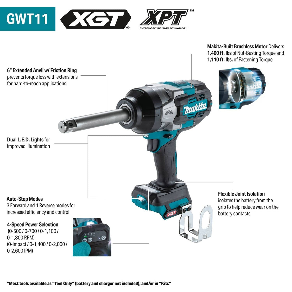 Makita GWT11Z 40V Max XGT Brushless Cordless  3/4" Sq. Drive Extended Anvil Impact Wrench Tool Only - 2