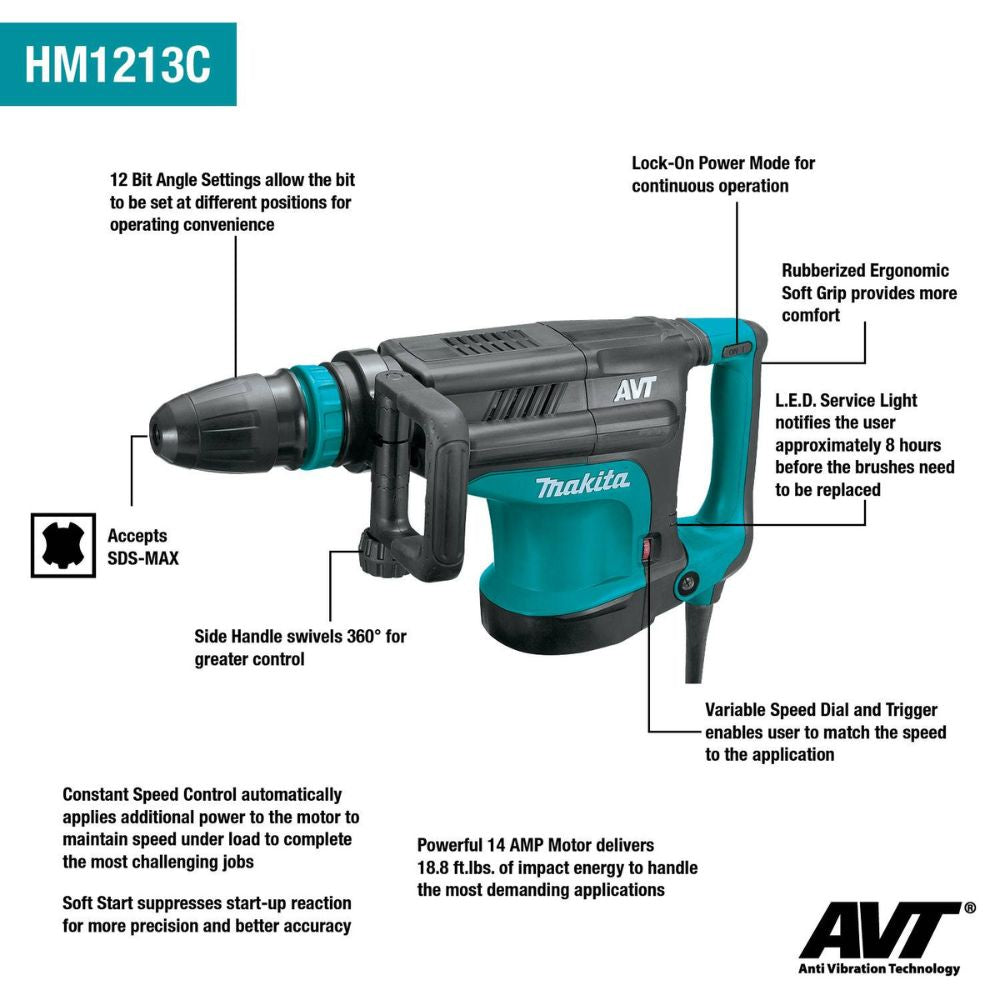 Makita HM1213C 23 lb. AVT Demolition Hammer, accepts SDS-MAX bits, var. spd., case - 2