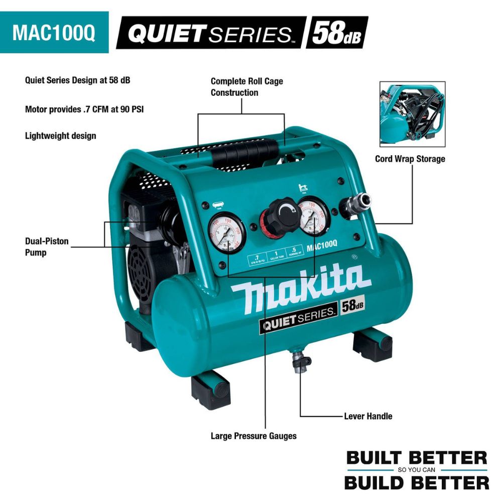 Makita MAC100QK1 Quiet Series 1/2 HP, 1 Gallon Compact, Oil-Free, Electric Air Compressor, and 18 Gauge Brad Nailer Combo Kit - 2