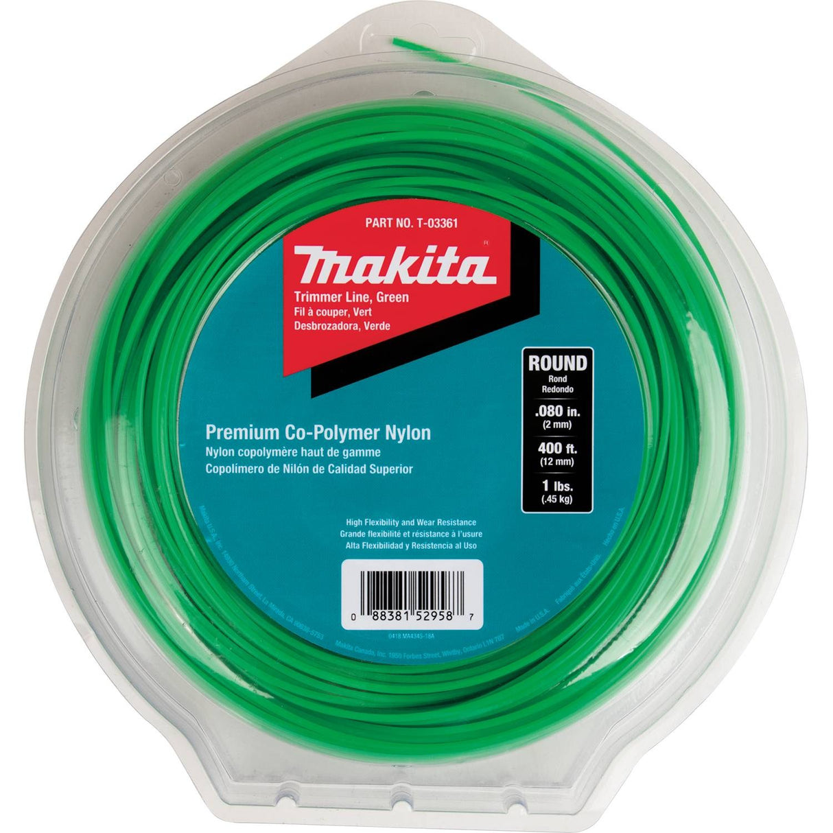 Makita T-03361 Round Trimmer Line, 0.080", Green, 400', 1 lbs.