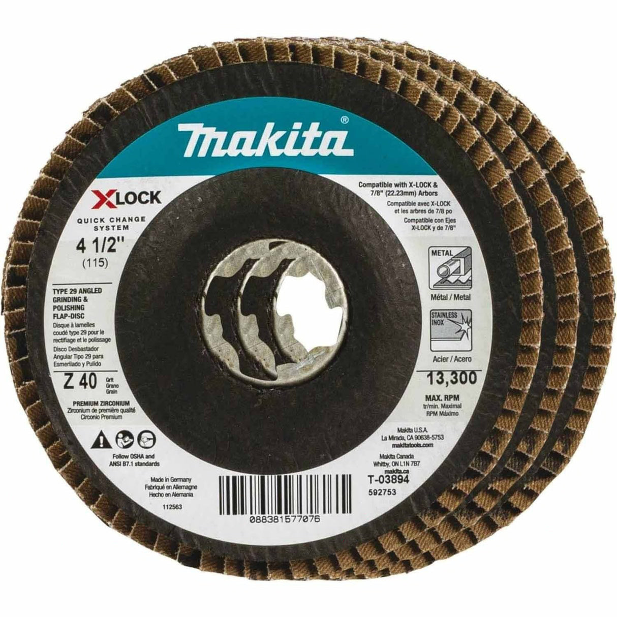 Makita T-03894-3 X-LOCK 4-1/2 Inch Type 29 Angled Flap Disc, 40 Grit for Metal and Stainless Steel (3 Pack) - 3