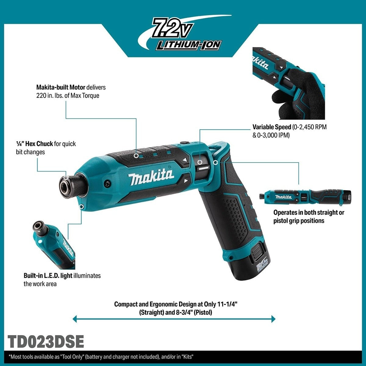 Makita TD023DSE 7.2V Lithium-Ion 1/4" Hex Impact Driver Kit with Charger and Case (2 Batteries) - 10