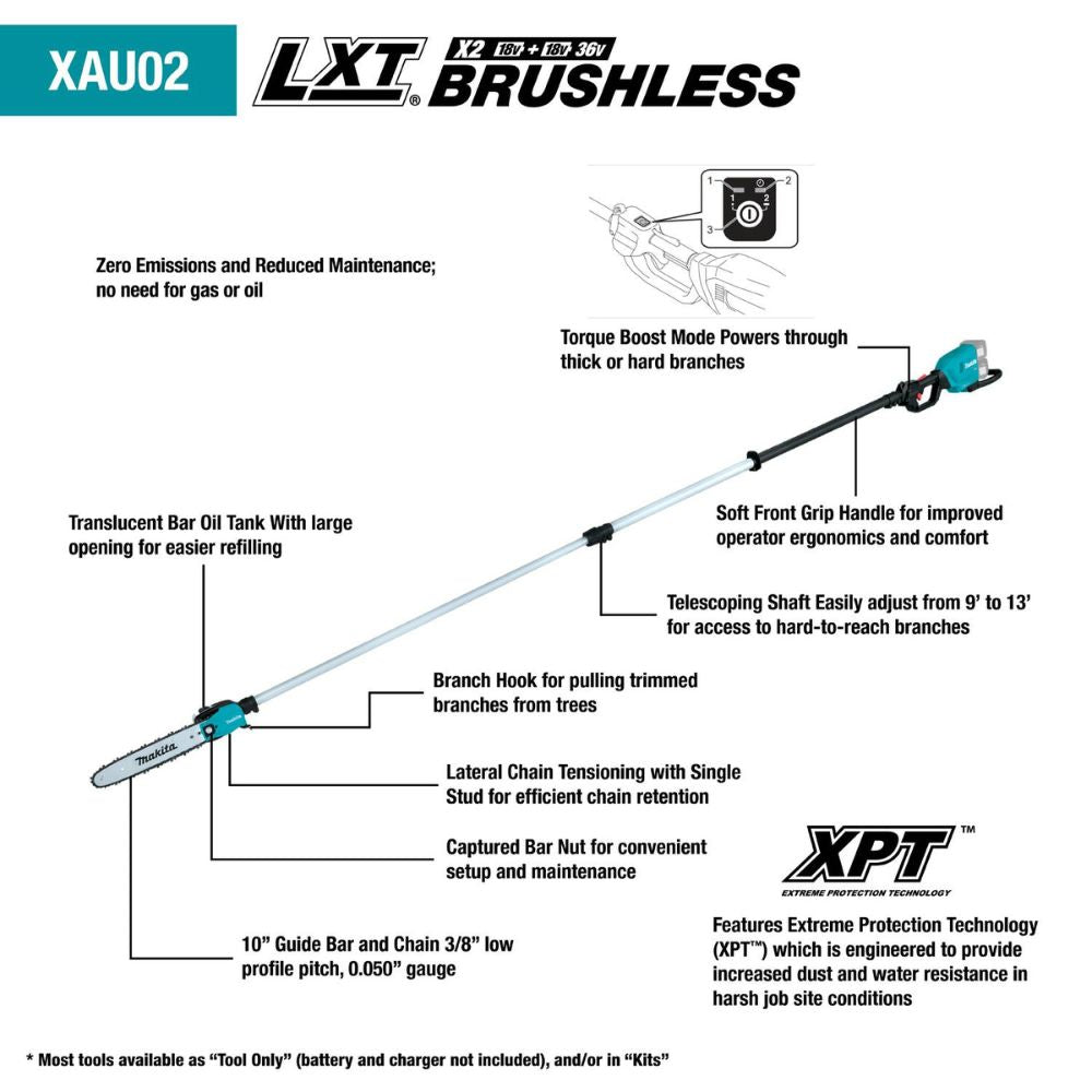 Makita XAU02PTB 36V (18V X2) LXT Brushless 10" Telescoping Pole Saw Kit, 13' Length (5.0Ah) - 2