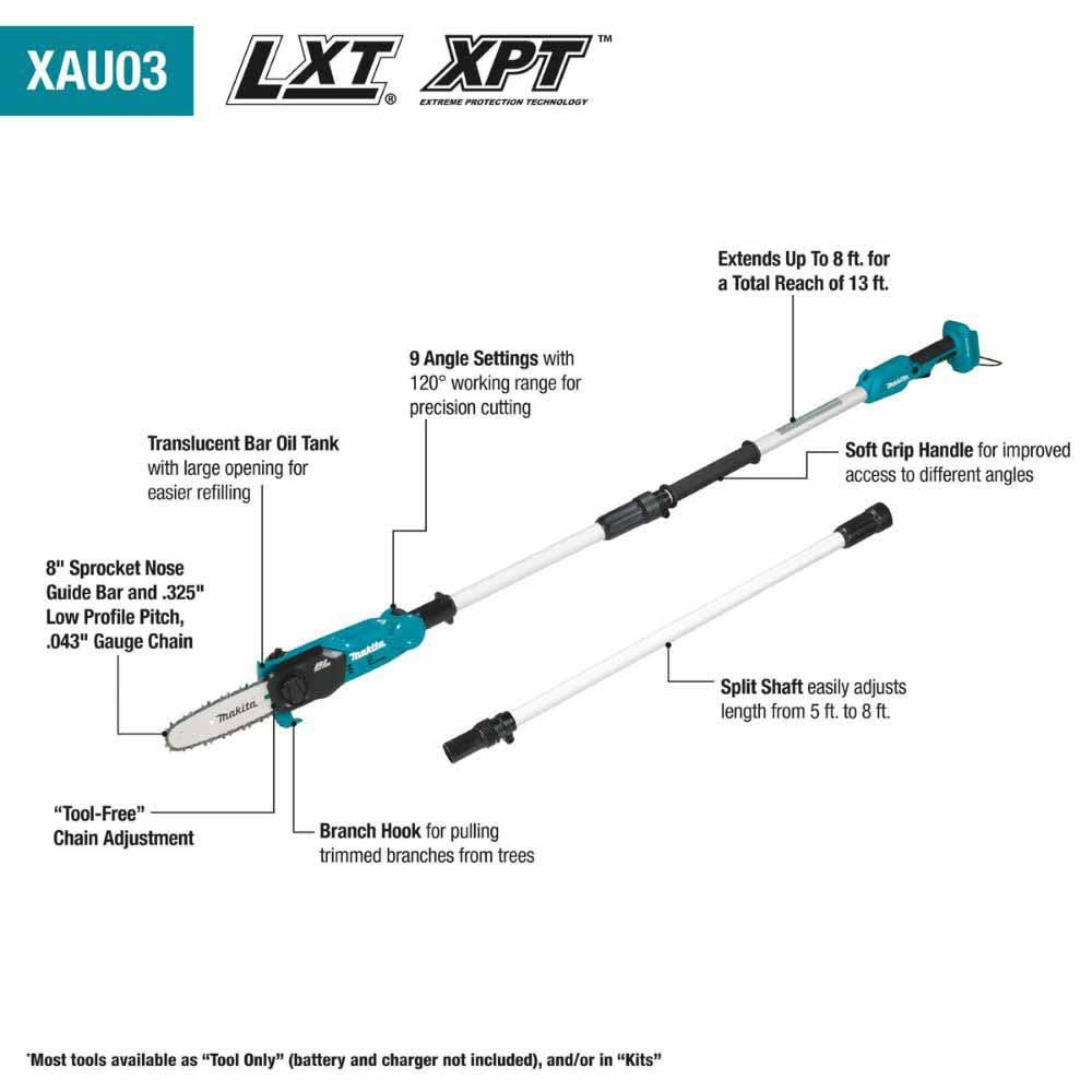 Makita XAU03Z 18V LXT Lithium-Ion Brushless Cordless 8" Extendable Articulating Pole Saw, Tool Only - 2