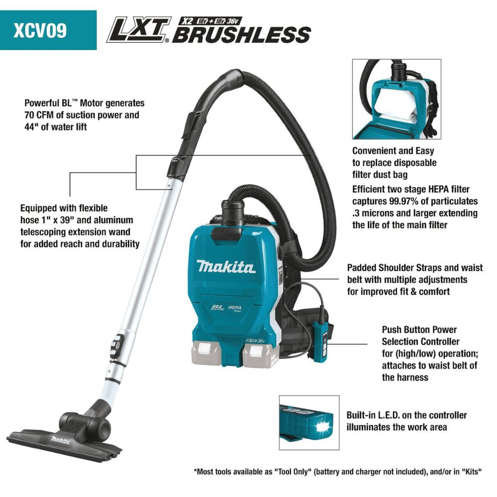 Makita XCV09PT 36V (18V X2) LXT Brushless 1/2 Gallon HEPA Filter Backpack Dry Vacuum Kit, dual port charger (5.0Ah) - 2