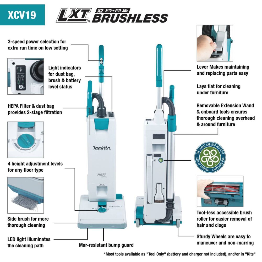 Makita XCV19PG 36V (18V X2) LXT Brushless 1.3 Gallon HEPA Filter 12" Upright Vacuum Kit (6.0Ah) - 2