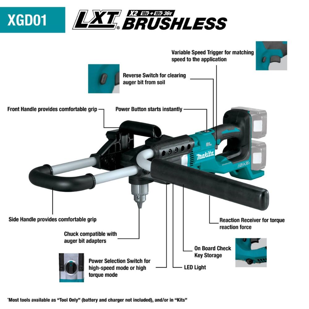 Makita XGD01PT 36V (18V X2) LXT Brushless Earth Auger Kit, dual port charger (5.0Ah) - 2