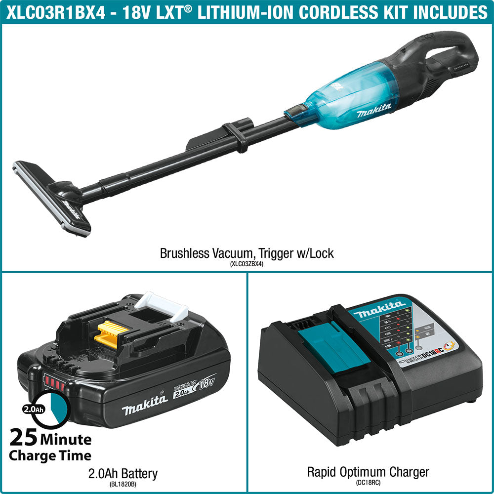 Makita XLC03R1BX4 18V LXT Brushless Cordless Vacuum Kit Trigger w/ Lock, 2.0Ah - 6