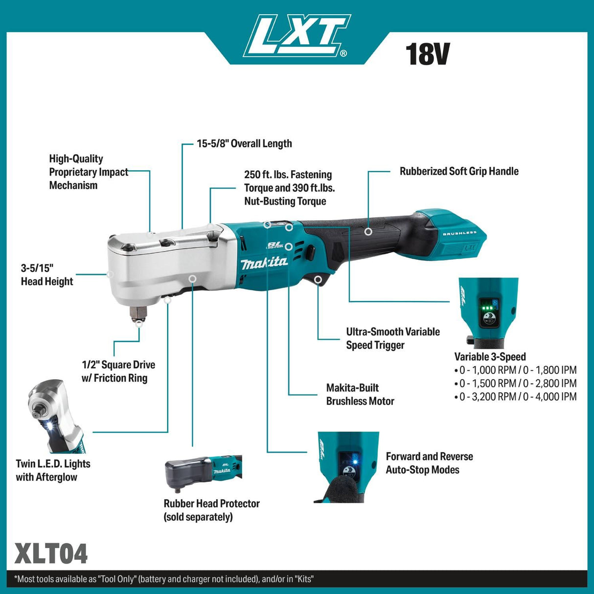 Makita XLT04Z 18V LXT Brushless Cordless High Torque 1/2" Square Drive Angle Impact Wrench with Friction Ring (Tool Only) - 2