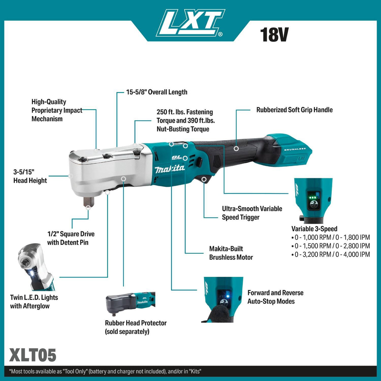 Makita XLT05Z 18V LXT Brushless 1/2" Angle Impact Wrench with Detent Pin Tool Only - 2